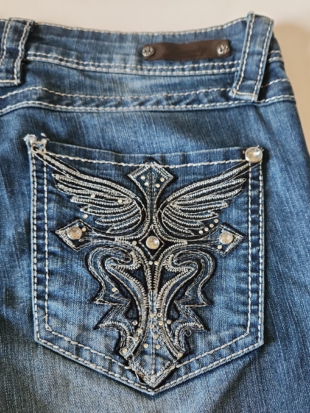 Royalty For Me Dark Blue Embroidered Boot Cut Jeans with Rhinestones